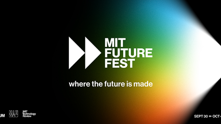 A black event banner with white text and a rainbow light cast in the shape of a faded triangle