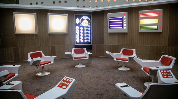 Photo of full-scale reconstruction of the Cybersyn Operations Room