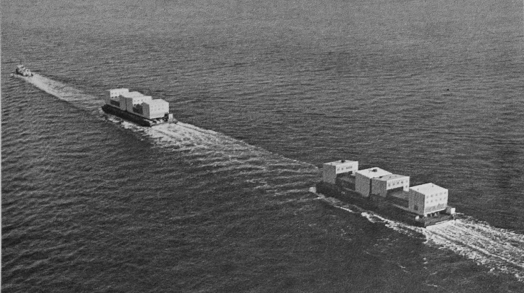 Dudley, Hardin & Yang, Inc., The Composite Building’s Four Modules in Barge Transit, Photographic Print, The Northern Engineer, Vol. 06, No. 3 (Fairbanks, AK: Geophysical Institute, University of Alaska, Fall 1974).